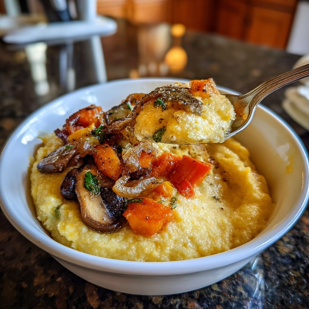 Abendessen mit cremiger Polenta und Gemüse