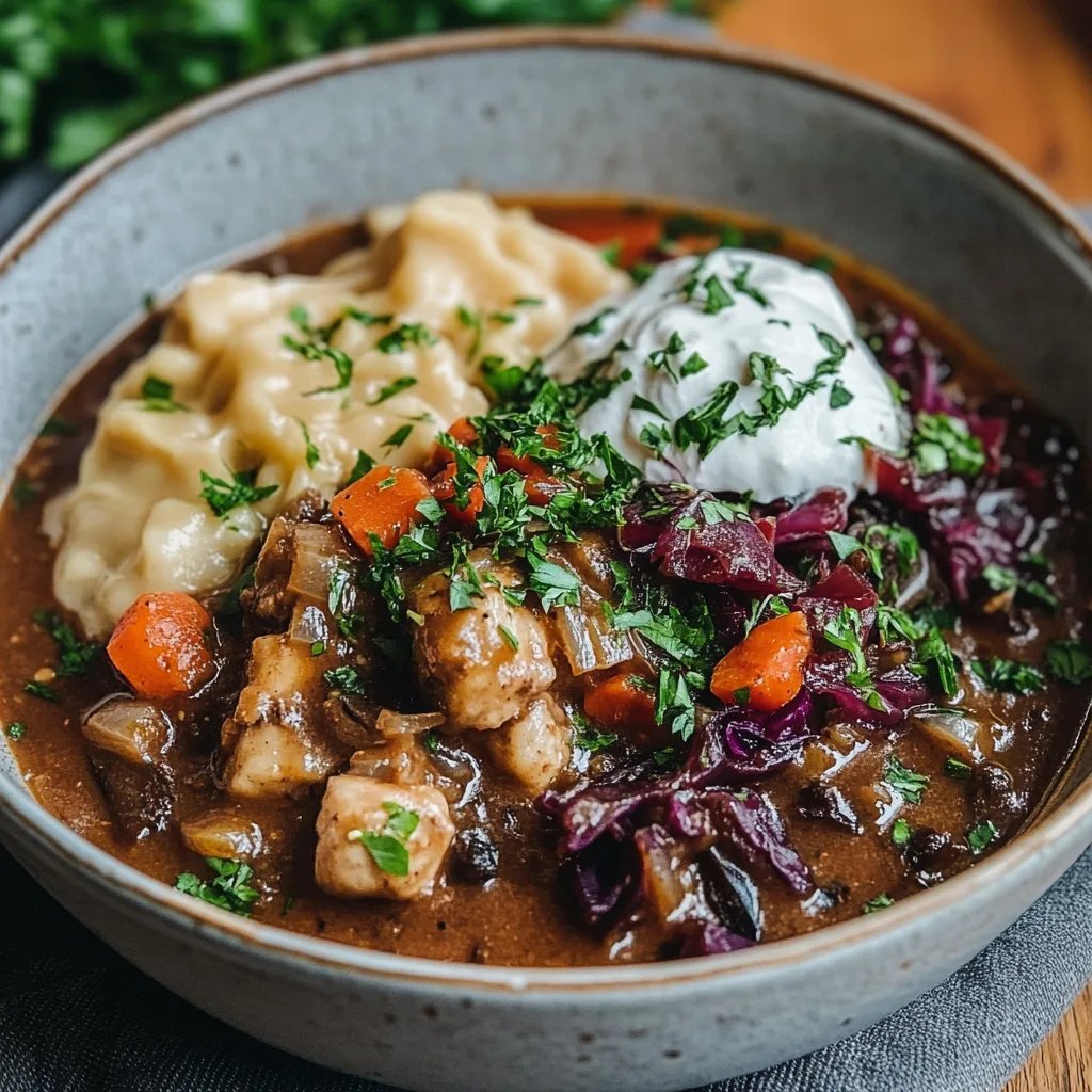 Herzhaftes Pilz-Maronen Ragout mit Ofenknödeln und Rotkraut