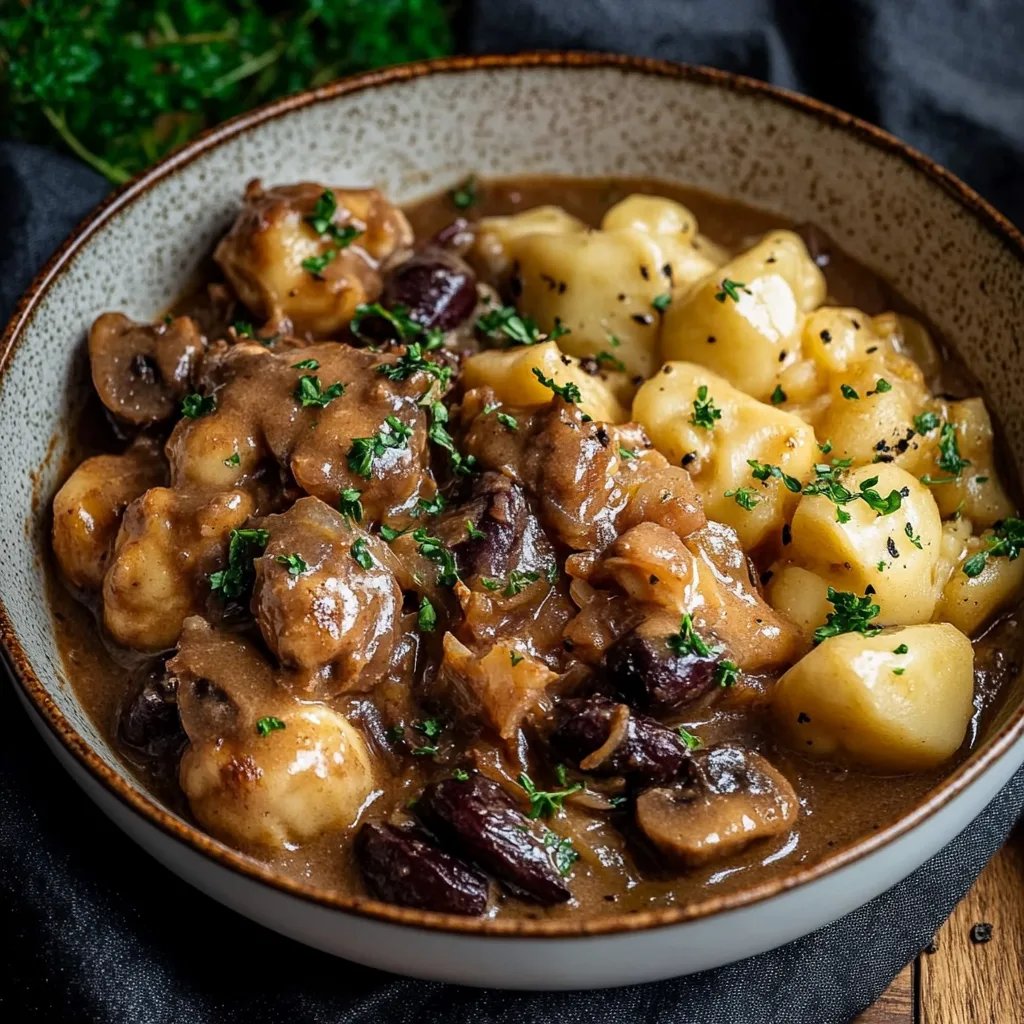 Herzhaftes Pilz-Maronen Ragout mit Ofenknödeln und Rotkraut