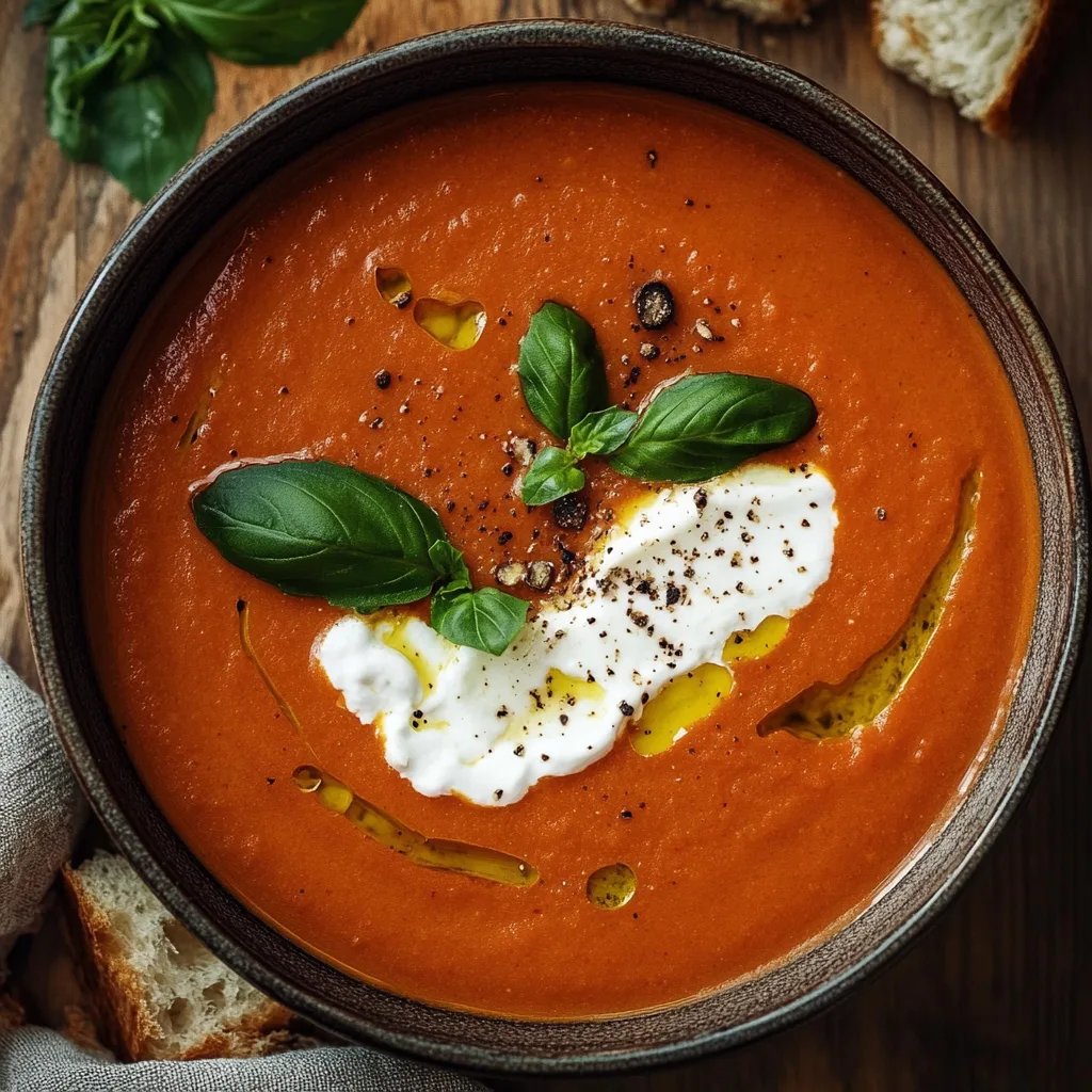 Ofengeröstete Tomatensuppe mit Burrata und Knoblauchbrot